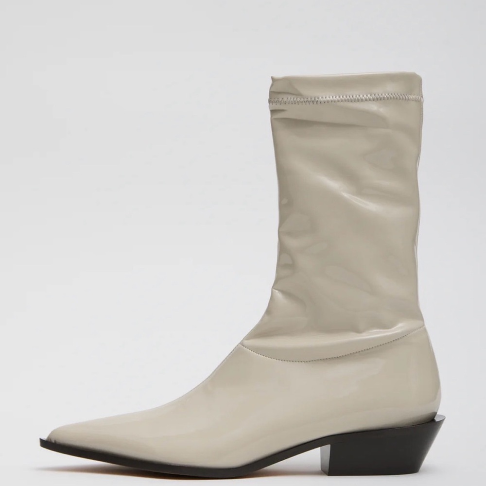 Tibi Cream Patent Pointed-Toe Mid-Calf Boots